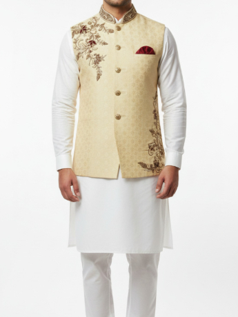 Gold brocade waistcoat with Gold and Maroon embroidery.