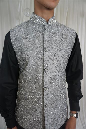 Grey Mens Brocade Waistcoat with Embellishment