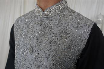 Grey Mens Brocade Waistcoat with Embellishment