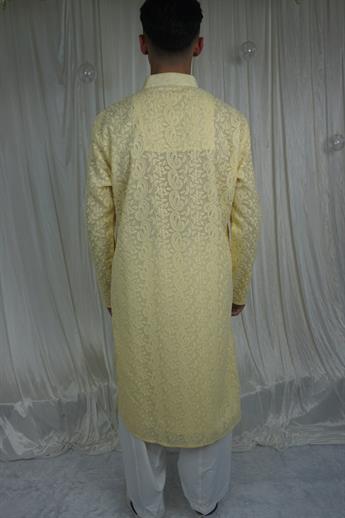 Yellow Kucknowi Chicken Kurta with Pyjama